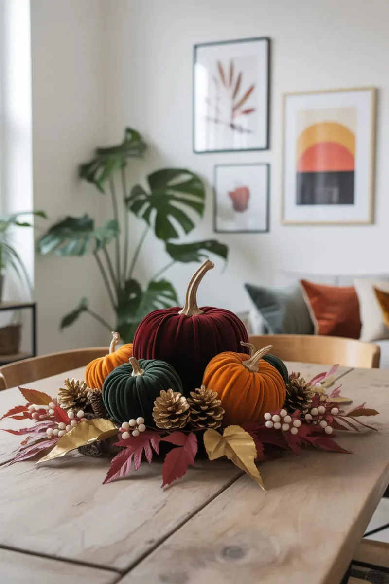 velvet pumpkin centerpiece with gold-dipped pinecones 1 velvet pumpkin centerpiece with gold-dipped pinecones 1
