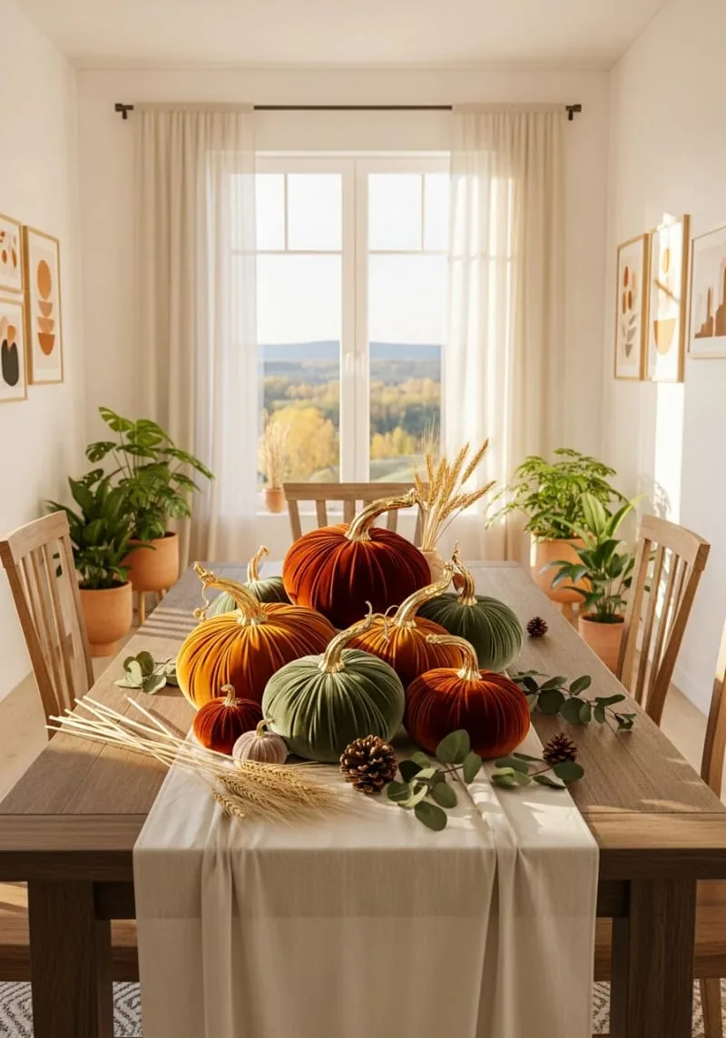 velvet pumpkin centerpiece with gold leaf accents 1