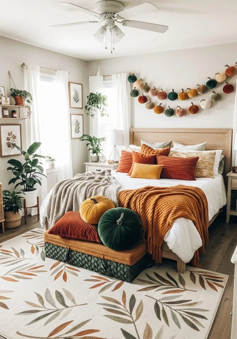 velvet pumpkin garlands draped above the headboard 1