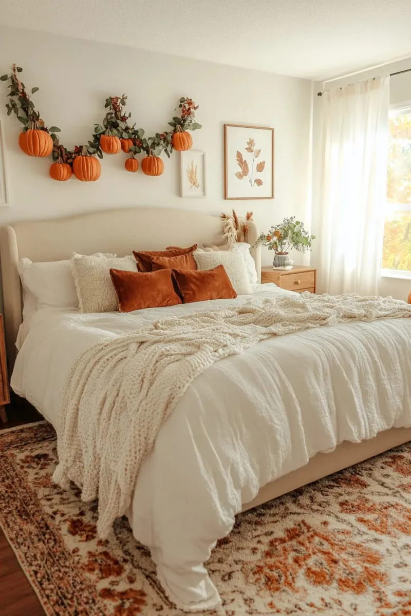 velvet pumpkin garlands draped above the headboard 1