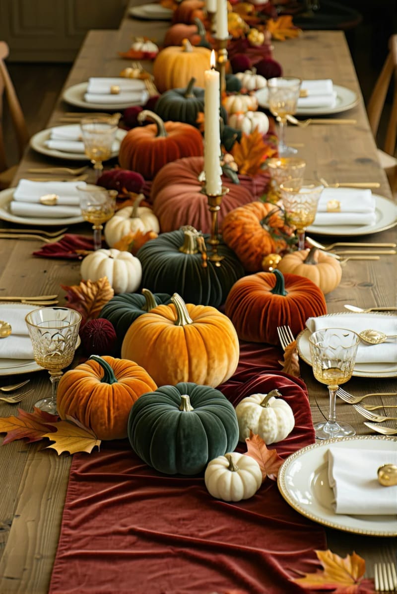 velvet pumpkins scattered along a runner for a luxe thanksgiving table 1