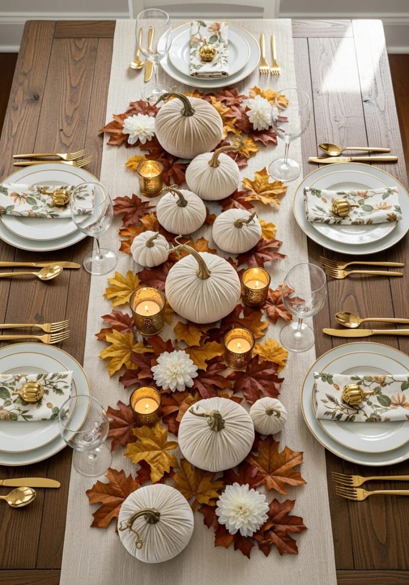 velvet pumpkins scattered along a runner for a luxe thanksgiving table 1