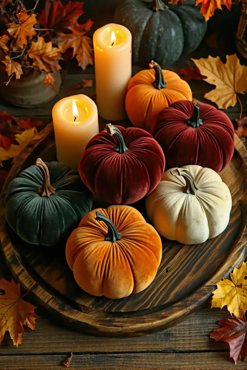 velvet pumpkins scattered on a rustic wooden tray with glowing pillar candles 1