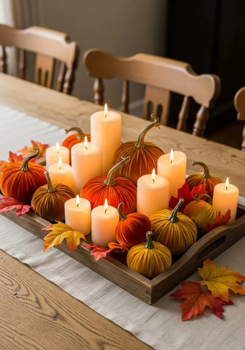 velvet pumpkins scattered on a rustic wooden tray with glowing pillar candles 1