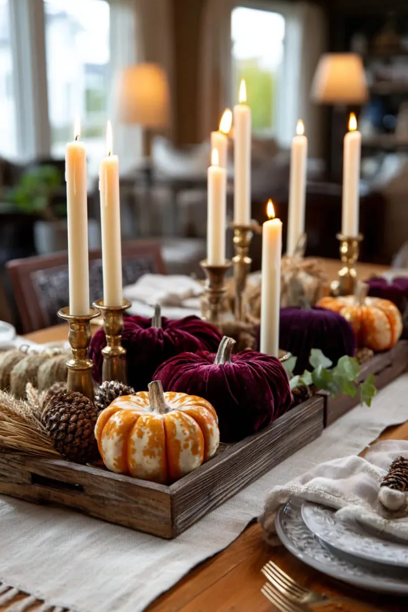 velvet pumpkins scattered on rustic wooden trays 1