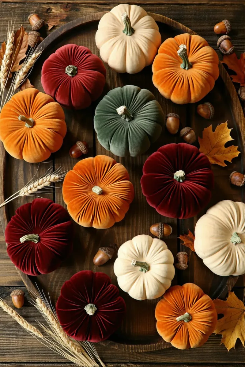 velvet pumpkins scattered on rustic wooden trays 1