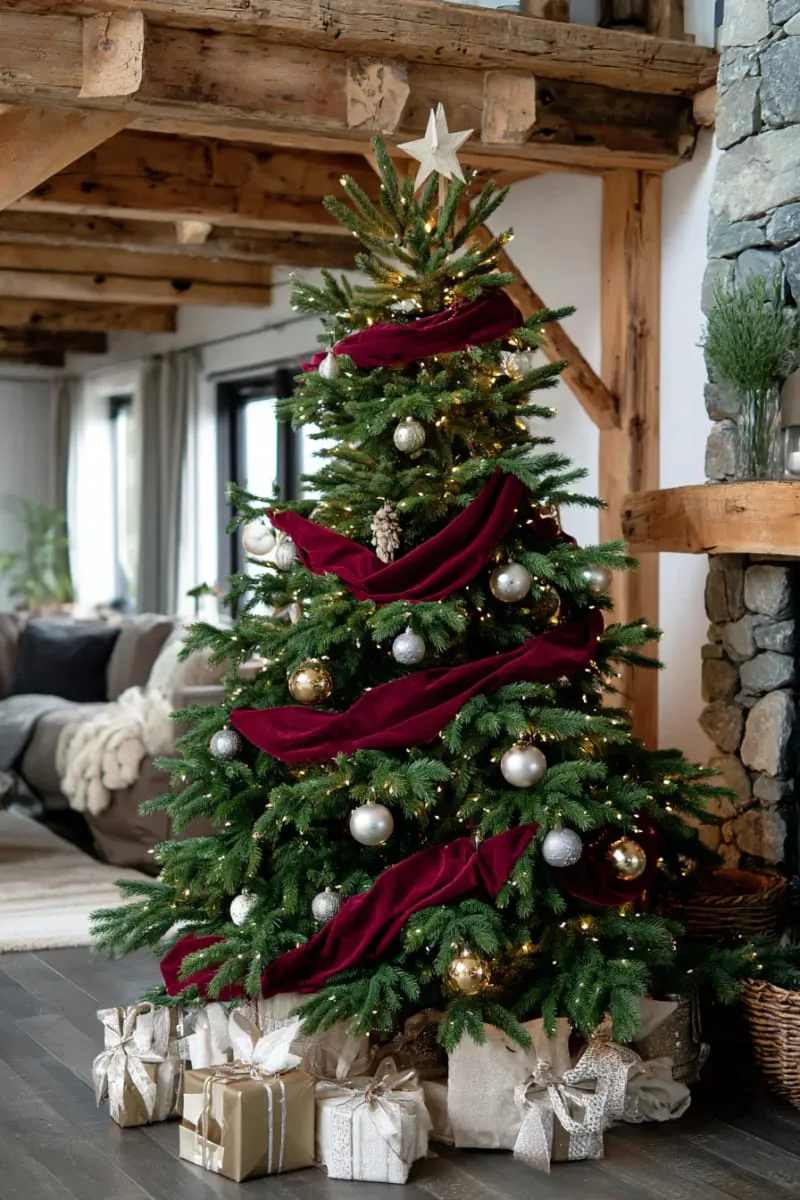 31 Dreamy Christmas Tree Decorations for a Unique Festive Touch 4 velvet ribbon garland draped in cascading waves for elegant christmas tree decor 1