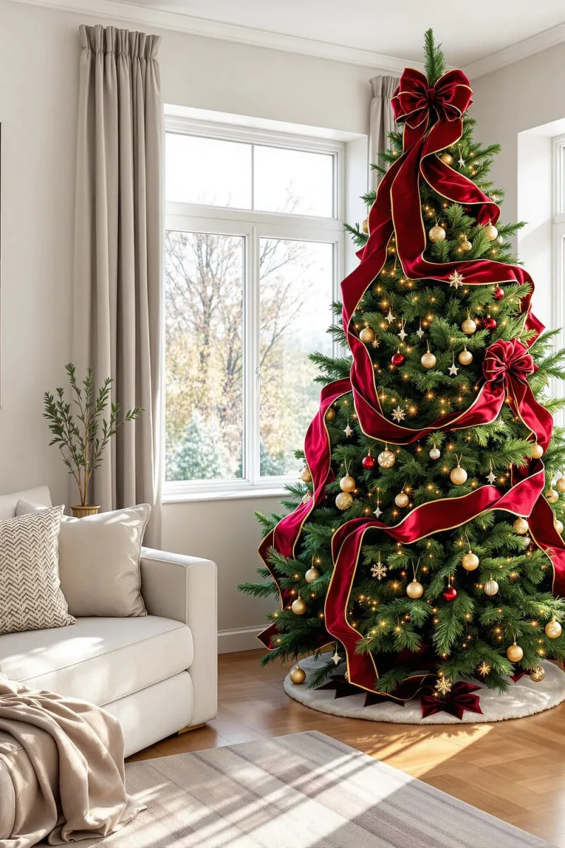 31 Dreamy Christmas Tree Decorations for a Unique Festive Touch 5 velvet ribbon garland draped in cascading waves for elegant christmas tree decor 1
