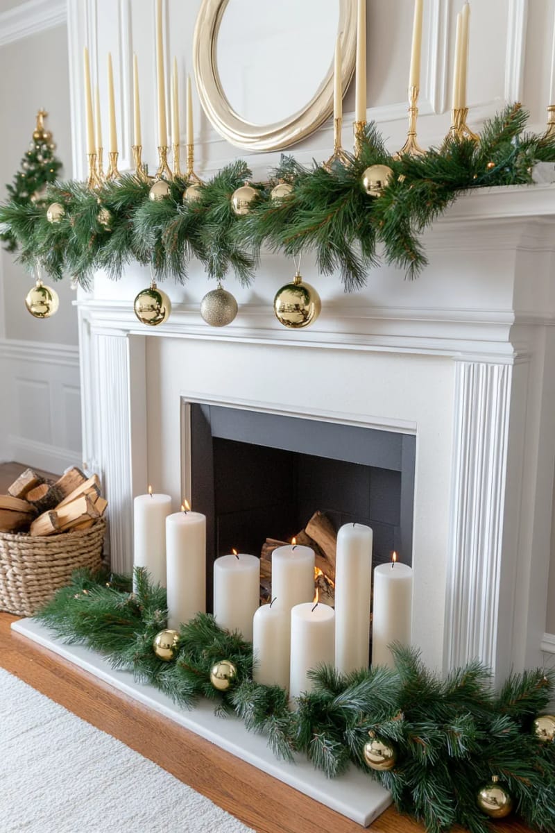 velvet ribbon garlands with gold bells over a white fireplace mantel 1