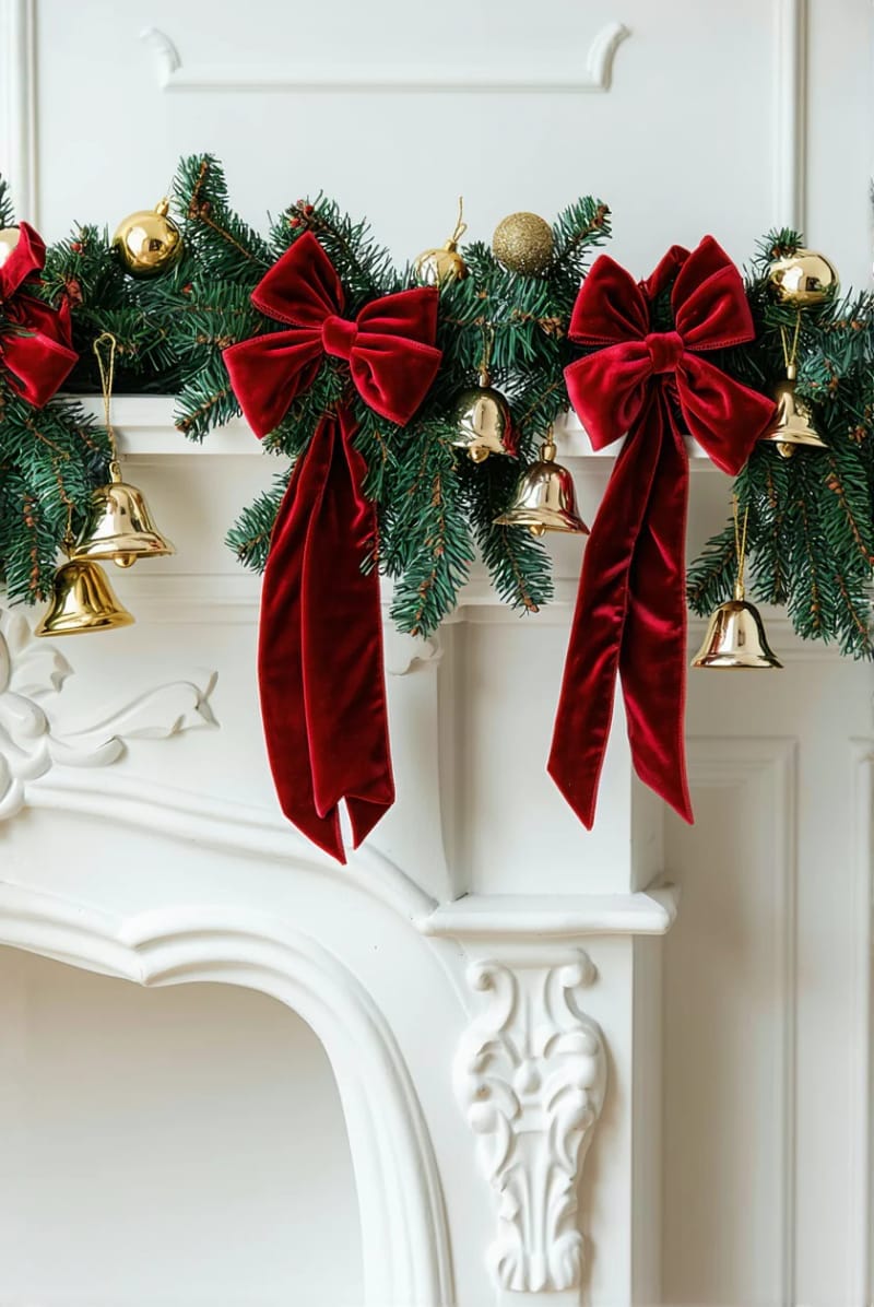 velvet ribbon garlands with gold bells over a white fireplace mantel 1