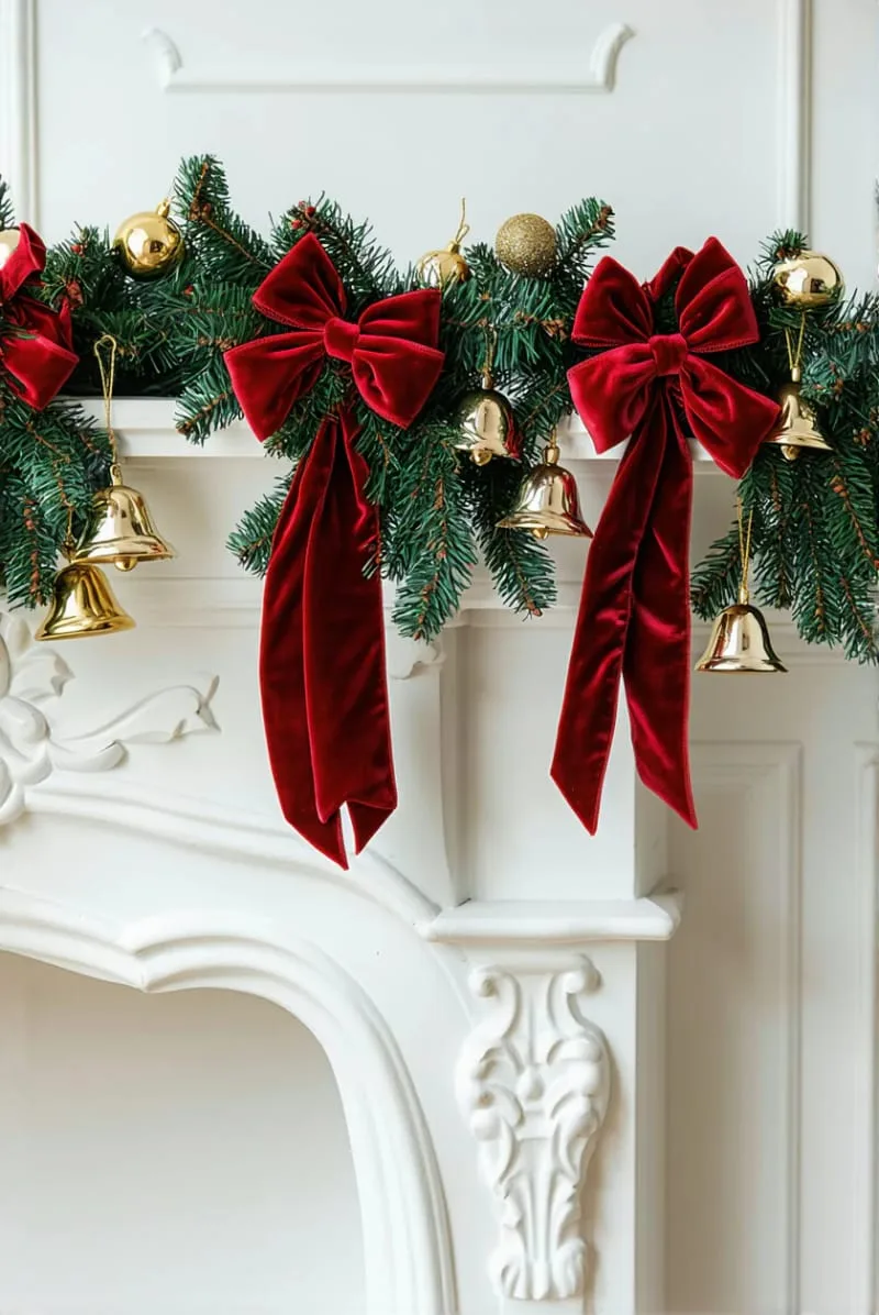 31 Trendy Christmas Decor Ideas for a Magical Home 3 velvet ribbon garlands with gold bells over a white fireplace mantel 1