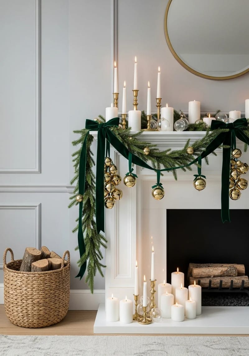 velvet ribbon garlands with gold bells over a white fireplace mantel 1