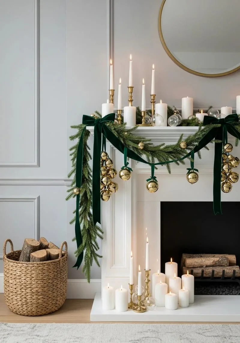 31 Trendy Christmas Decor Ideas for a Magical Home 4 velvet ribbon garlands with gold bells over a white fireplace mantel 1