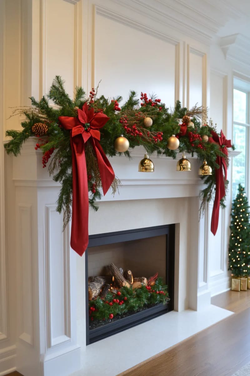 velvet ribbon garlands with gold bells over a white fireplace mantel 1
