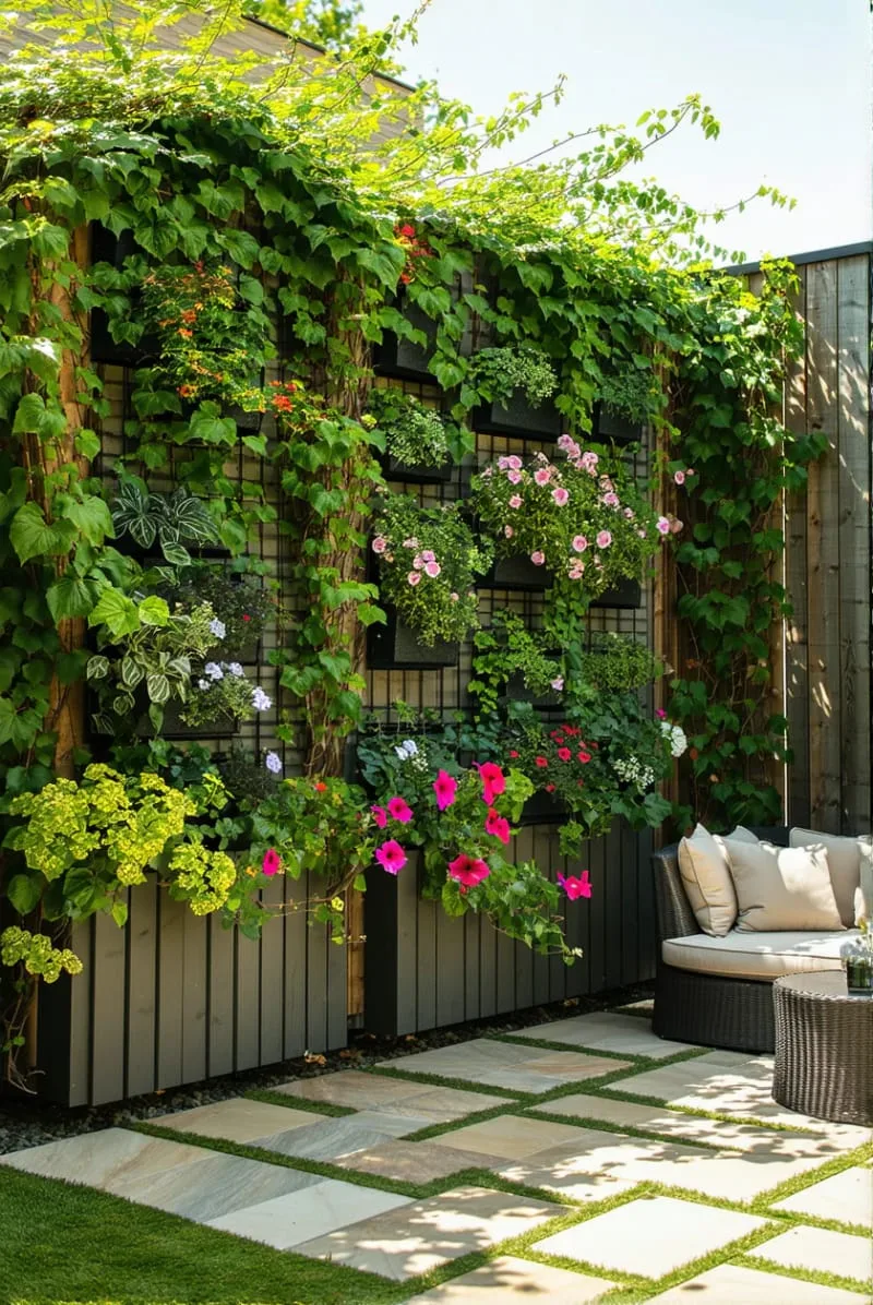27 Unique Backyard Privacy Designs for A Serene Outdoor Oasis 5 vertical garden panels with trailing vines and flowers 1