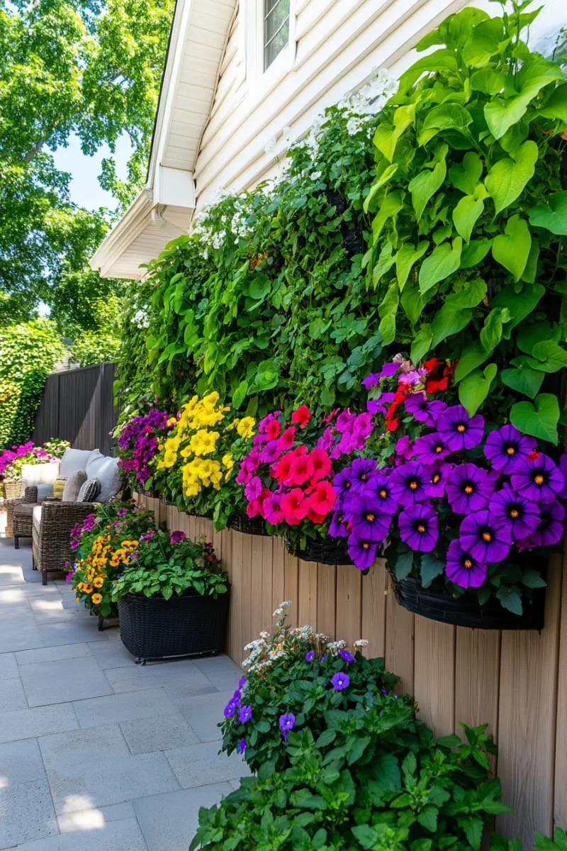 27 Unique Backyard Privacy Designs for A Serene Outdoor Oasis 6 vertical garden panels with trailing vines and flowers 1