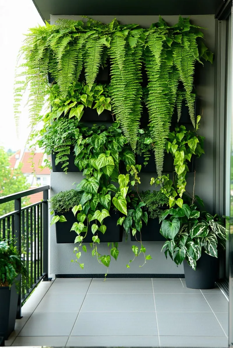 vertical garden wall using cascading ferns and trailing pothos 1