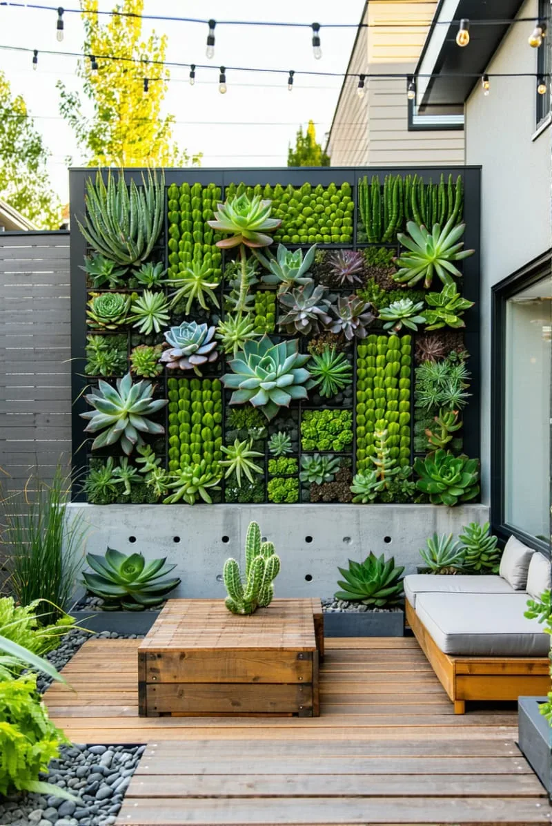 27 New Small Backyard Designs to Copy For Your Outdoor Space 6 vertical succulent wall for a modern, living art feature 1