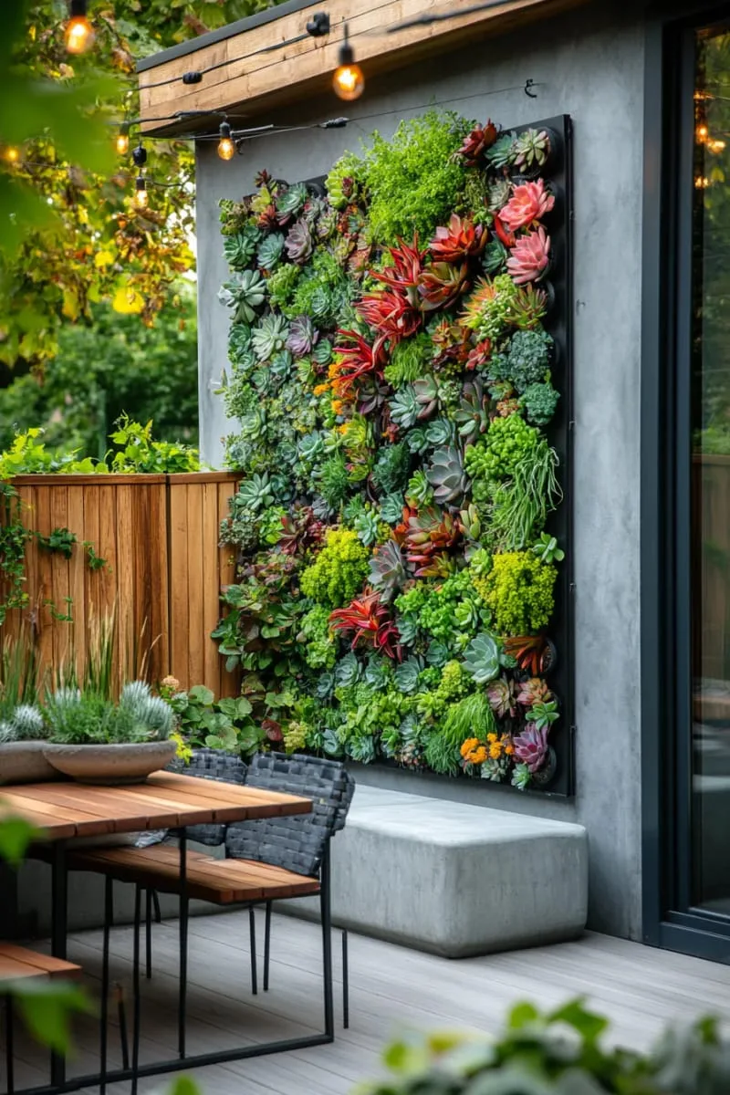 27 New Small Backyard Designs to Copy For Your Outdoor Space 7 vertical succulent wall for a modern, living art feature 1