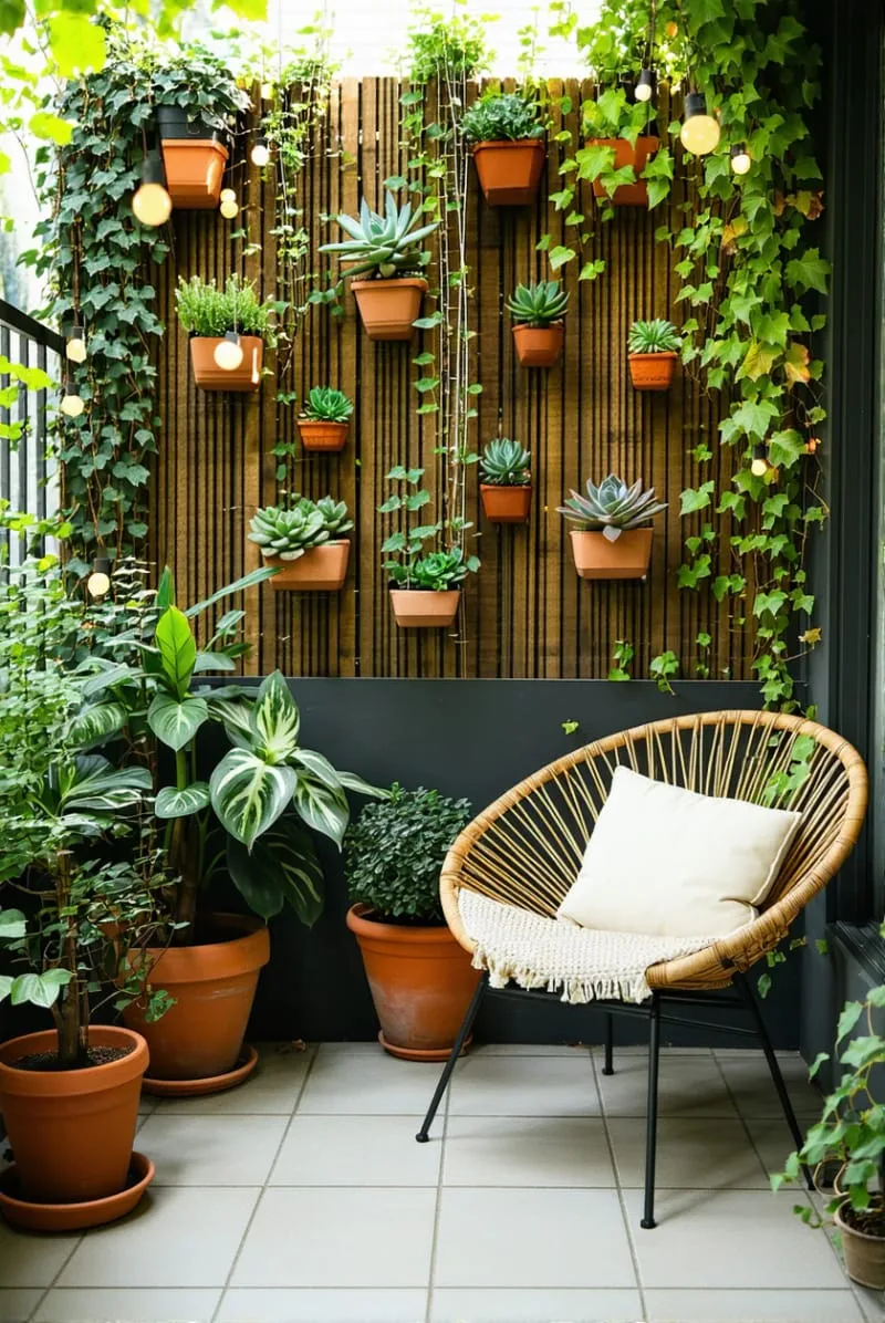 vertical wall garden with trailing vines and succulents 1