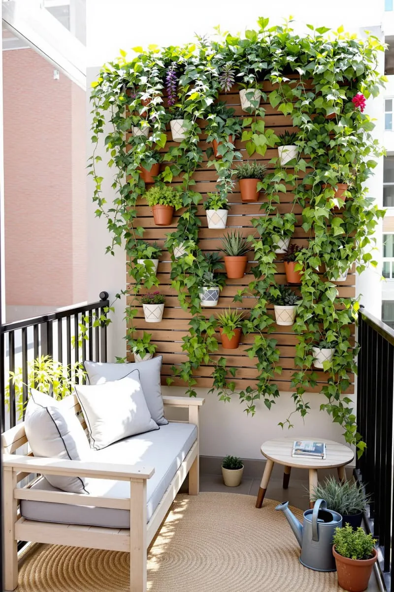 vertical wall garden with trailing vines and succulents 1