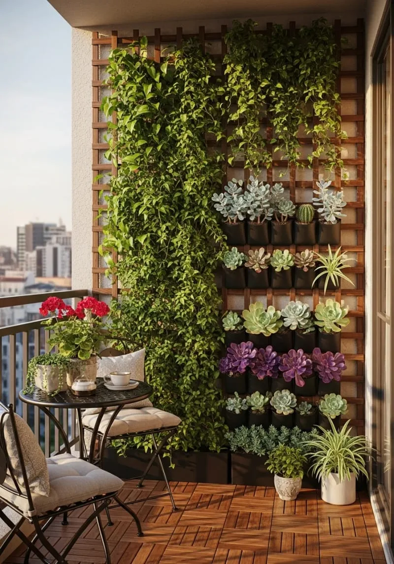 vertical wall garden with trailing vines and succulents 1