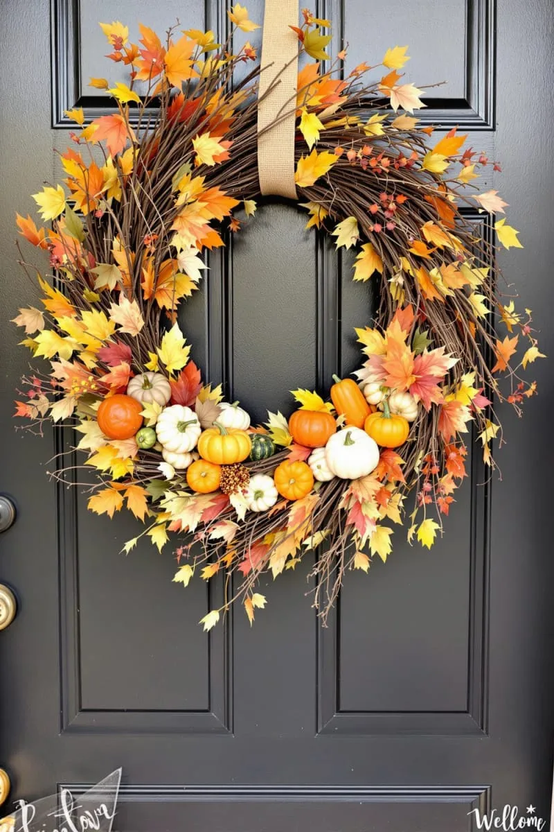 vibrant faux leaf wreath with twigs and burlap ribbon 1