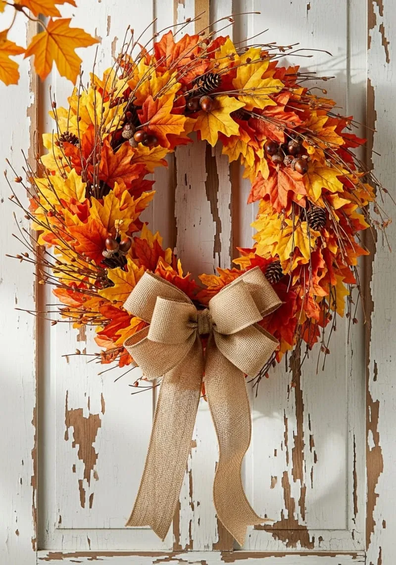 vibrant faux leaf wreath with twigs and burlap ribbon 1