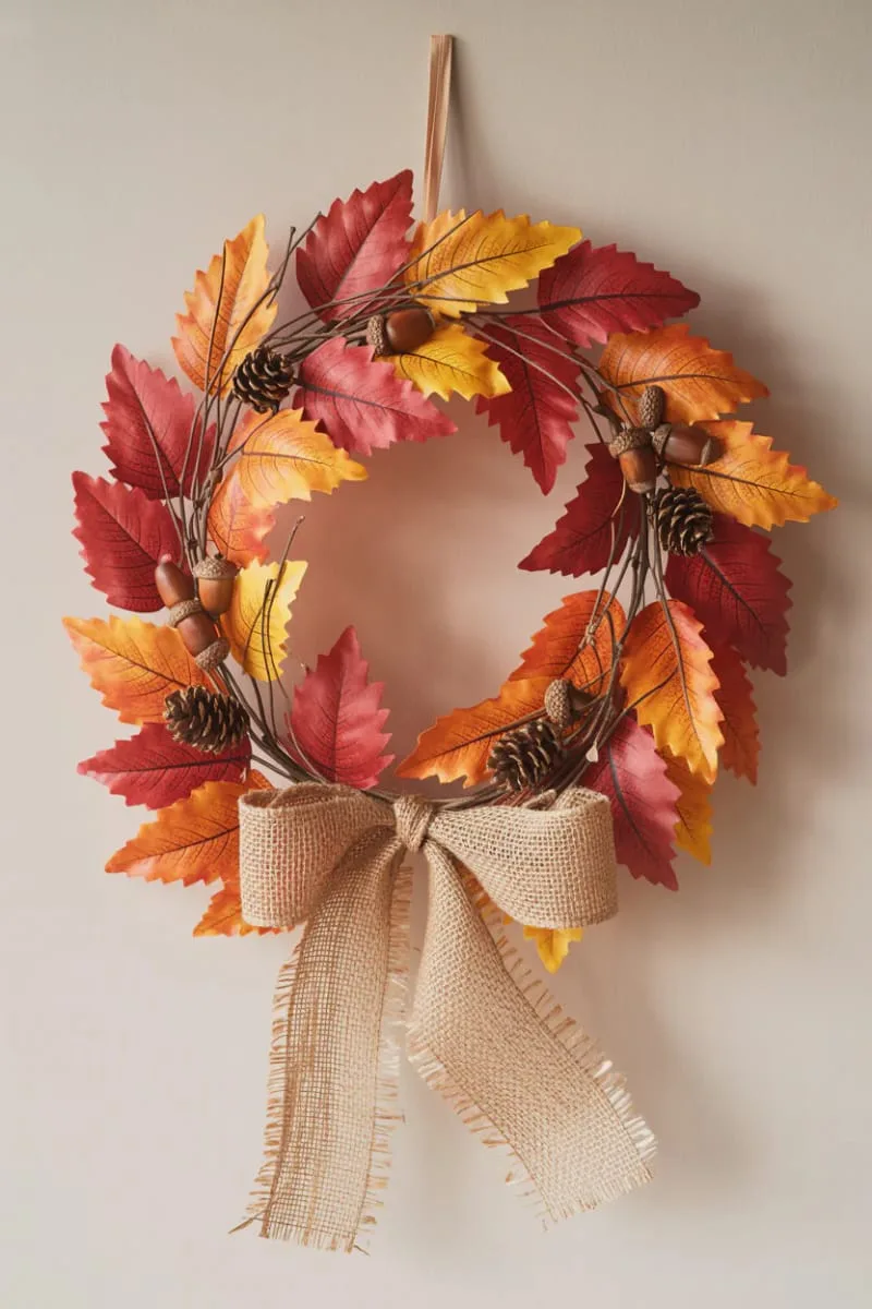 vibrant faux leaf wreath with twigs and burlap ribbon 1