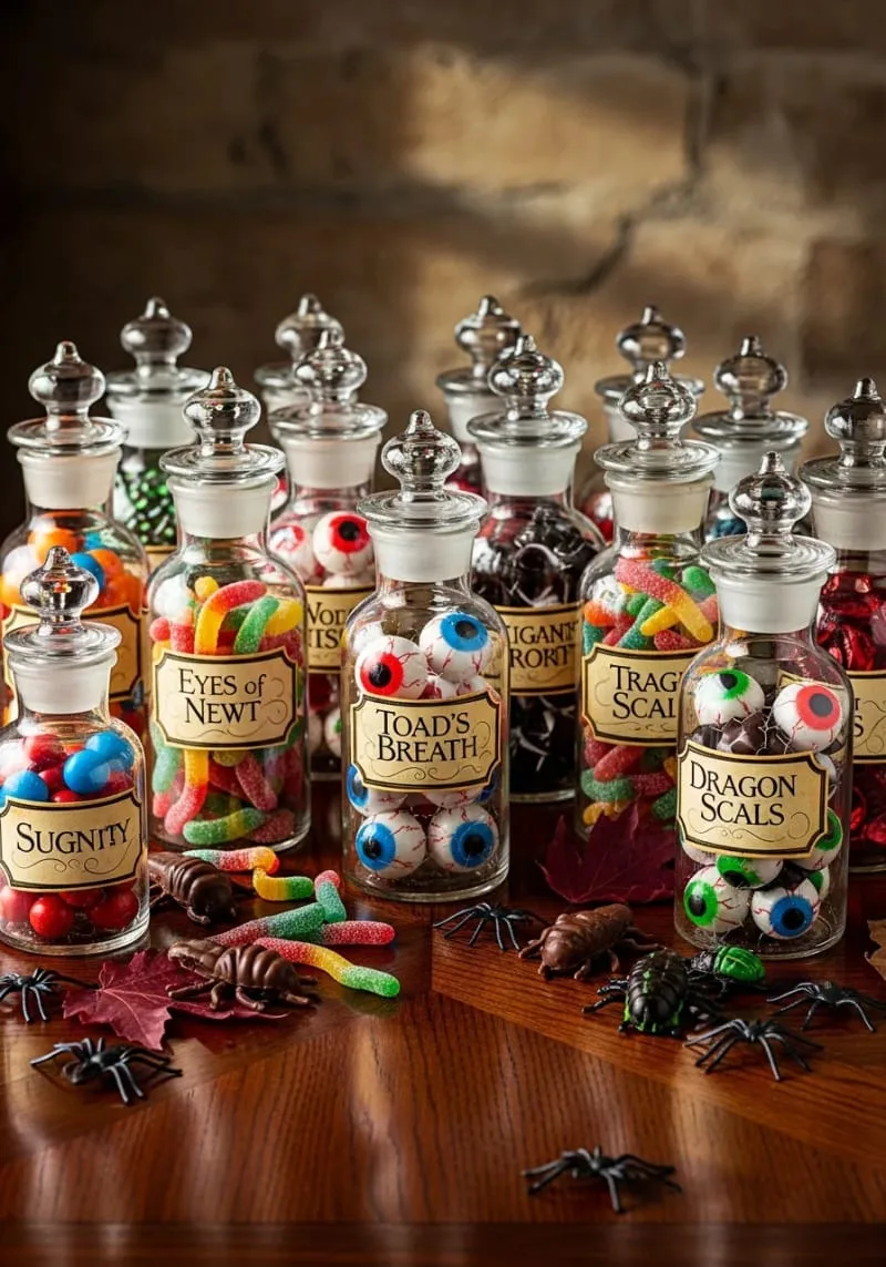 vintage apothecary jars filled with candy eyeballs and edible insects 1