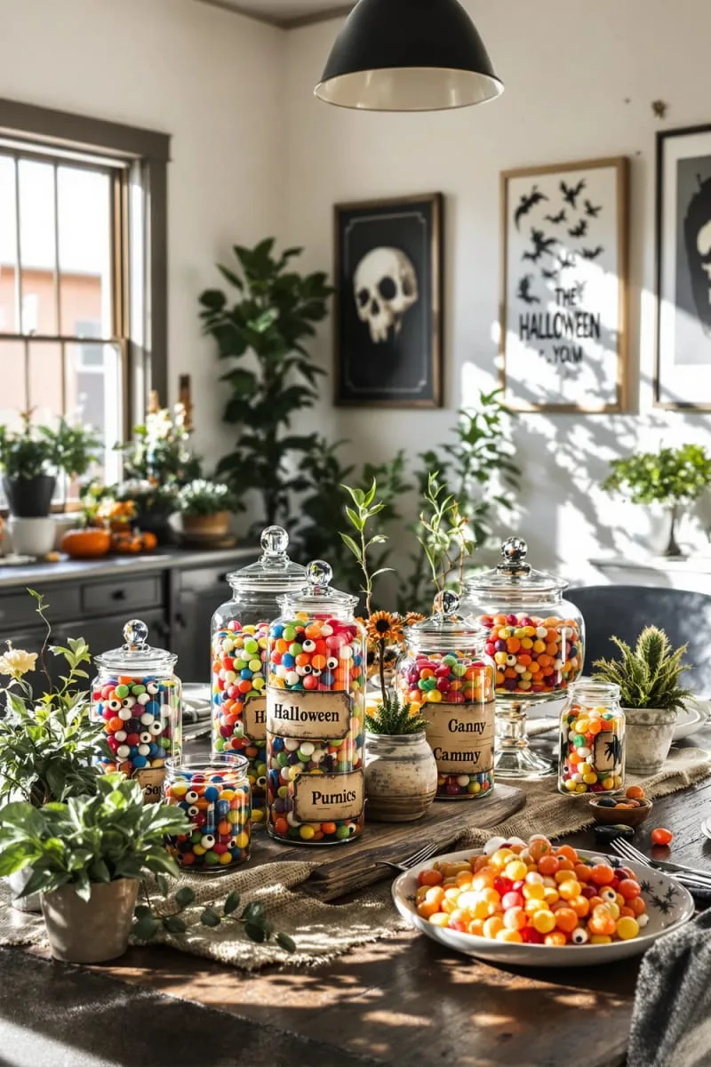 vintage apothecary jars filled with candy eyeballs and edible insects 1