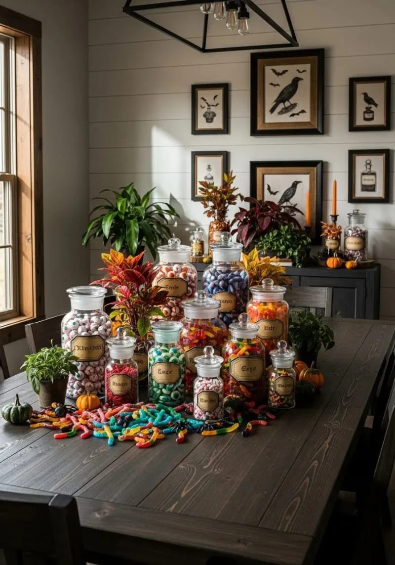 vintage apothecary jars filled with candy eyeballs and edible insects 1