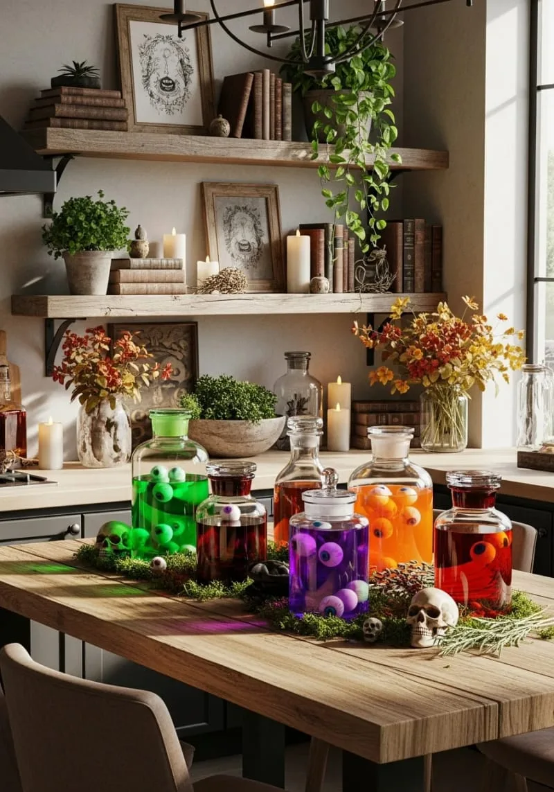 vintage apothecary jars filled with eerie colored liquids and floating eyeballs 1