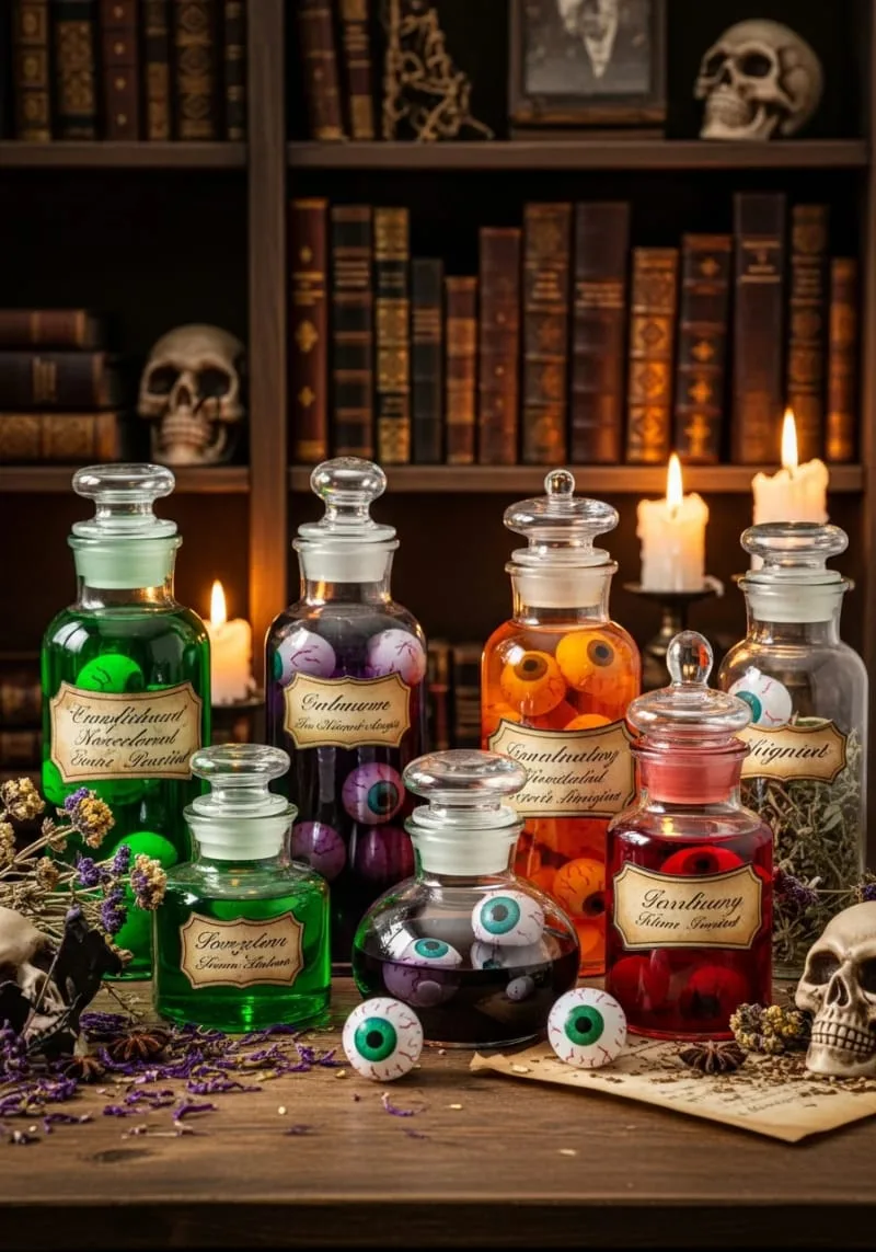 vintage apothecary jars filled with eerie colored liquids and floating eyeballs 1