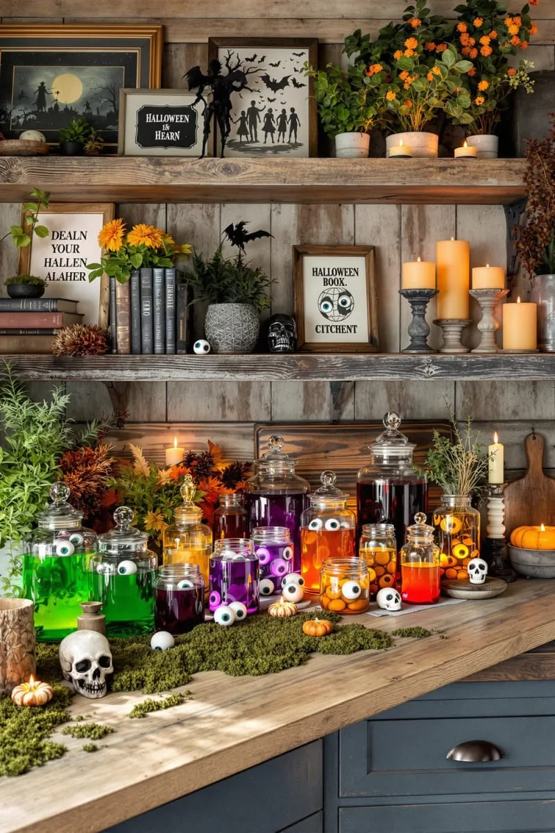 vintage apothecary jars filled with eerie colored liquids and floating eyeballs 1