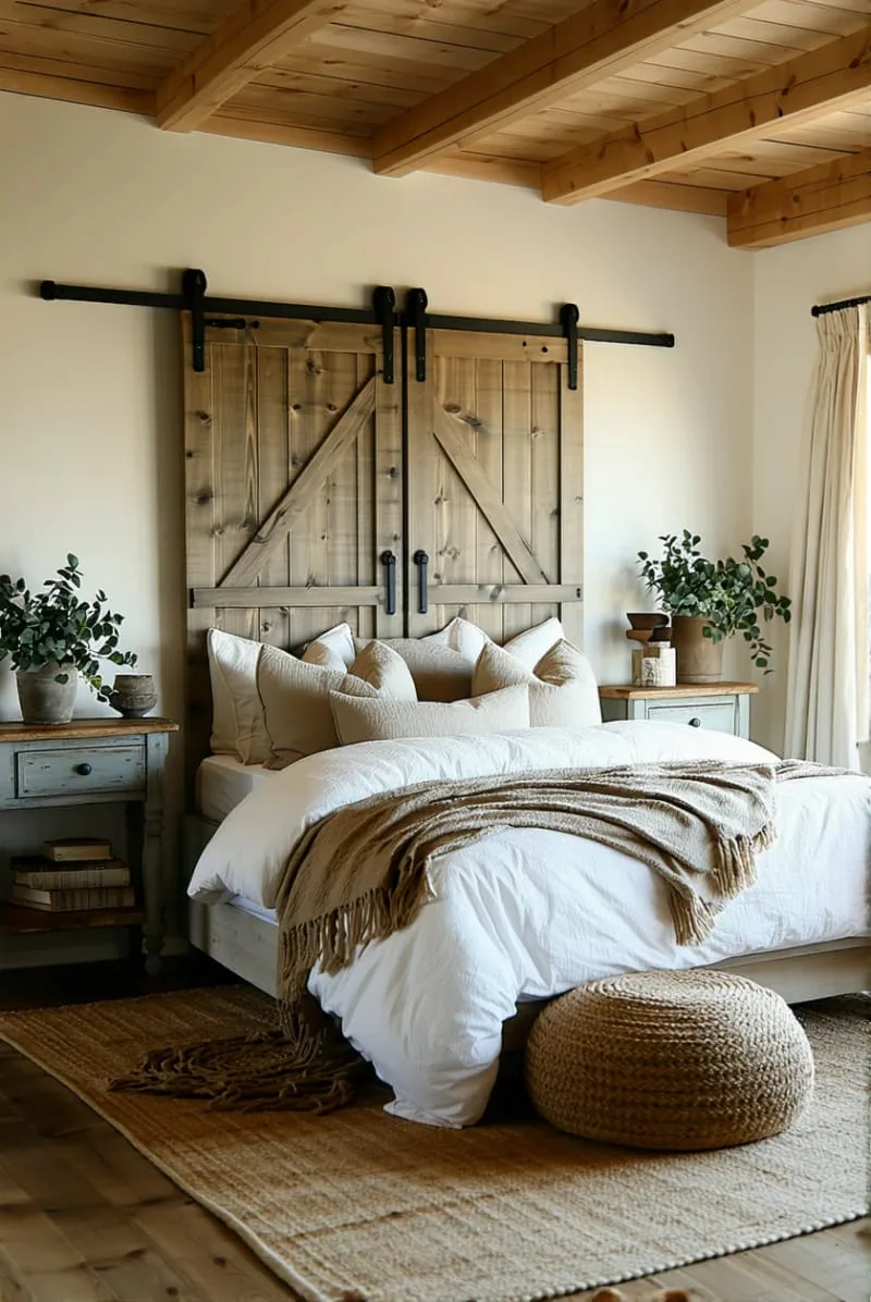 29 Unique Barndominium Interiors For Your Next Makeover 8 vintage barn doors repurposed as statement headboards in bedrooms 1