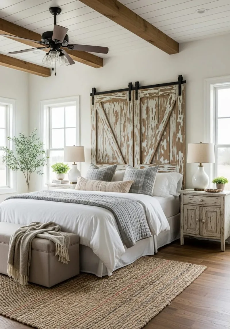 29 Unique Barndominium Interiors For Your Next Makeover 9 vintage barn doors repurposed as statement headboards in bedrooms 1