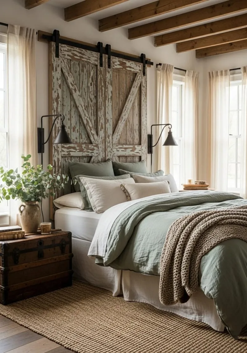 29 Unique Barndominium Interiors For Your Next Makeover 10 vintage barn doors repurposed as statement headboards in bedrooms 1