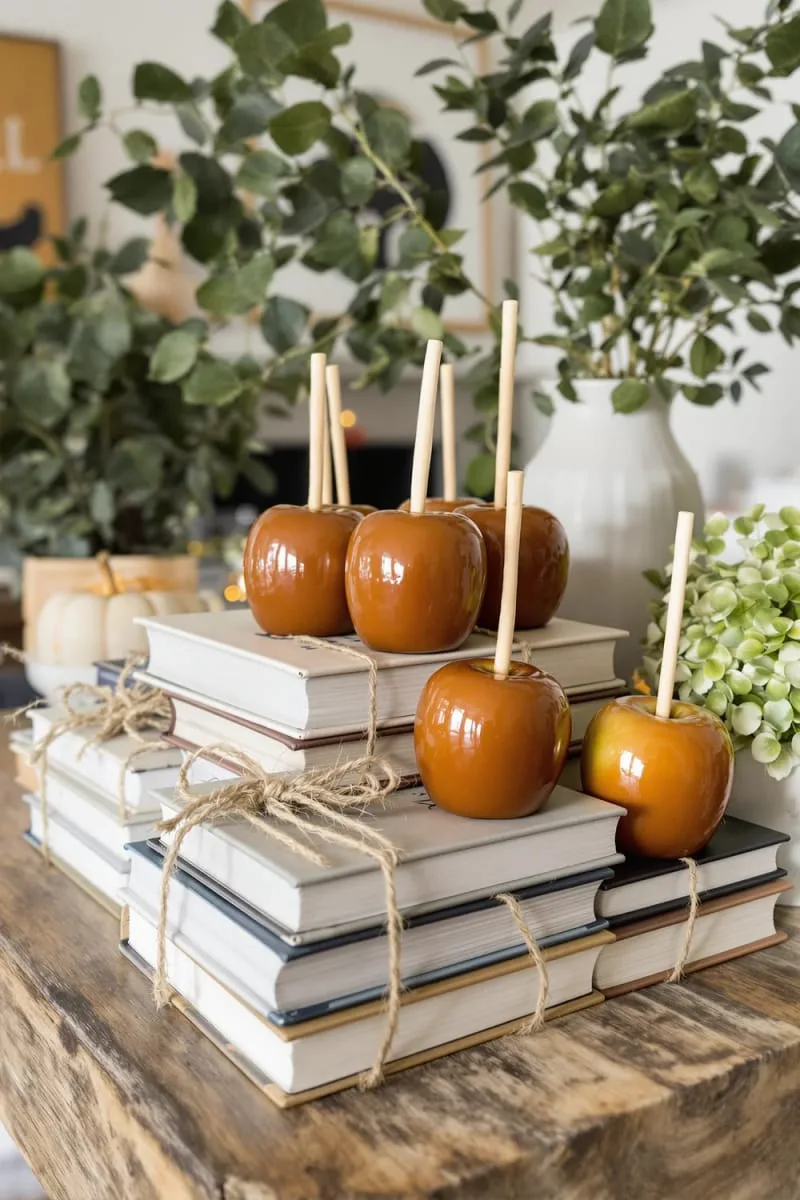 vintage book stacks tied with twine and caramel apples 1
