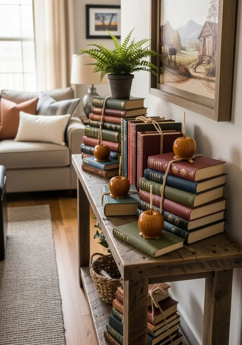 vintage book stacks tied with twine and caramel apples 1