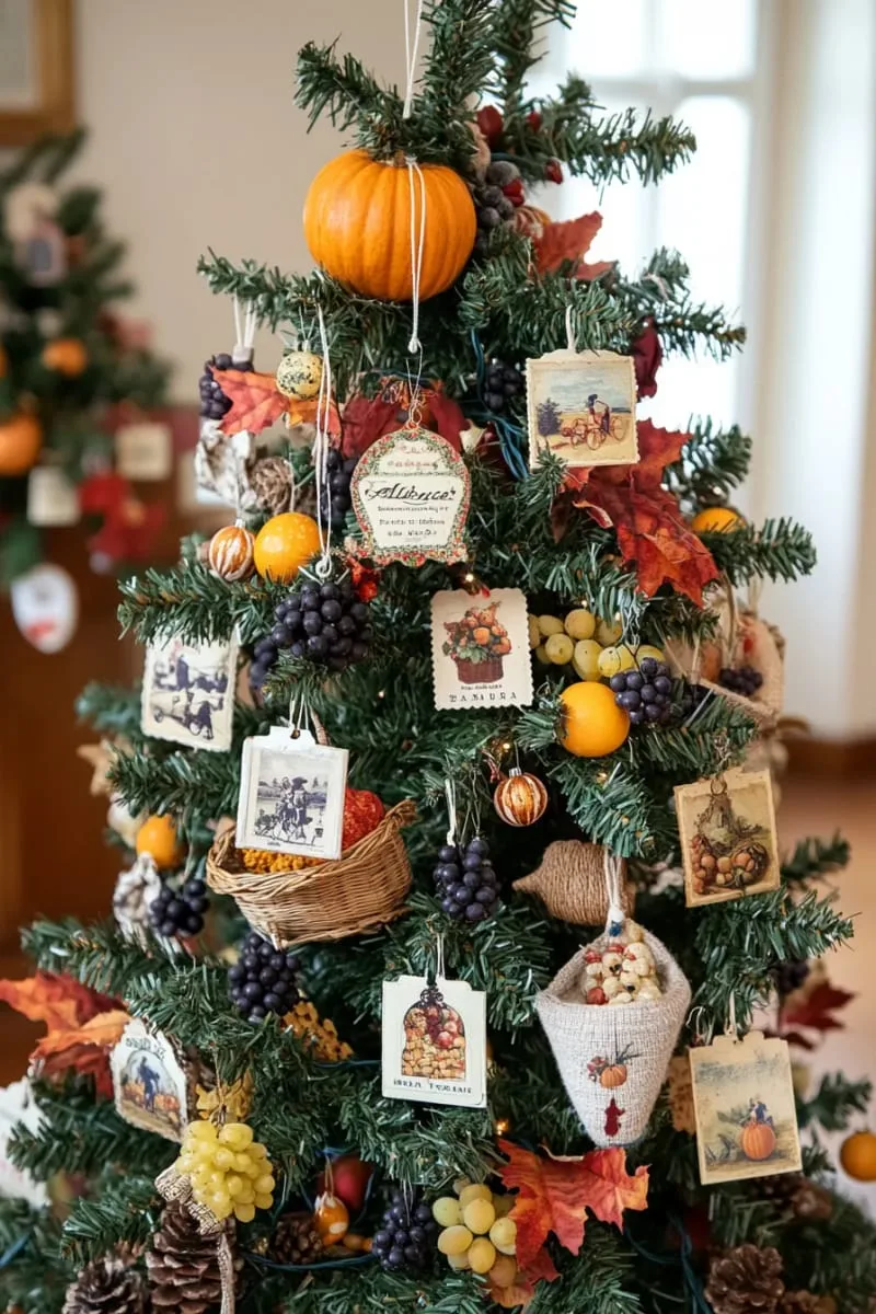 vintage fall postcards and mini cornucopia ornaments hanging from branches 1