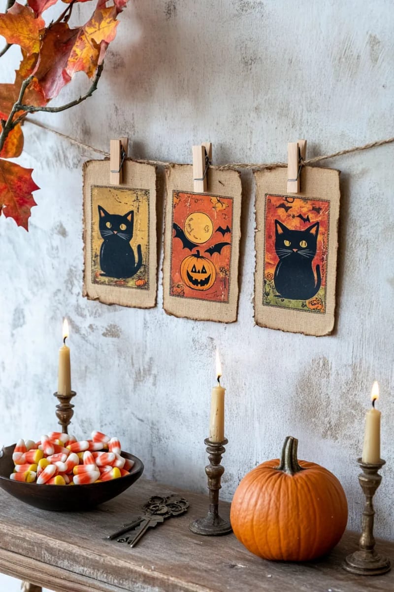 vintage halloween postcards displayed with twine and tiny clothespins 1