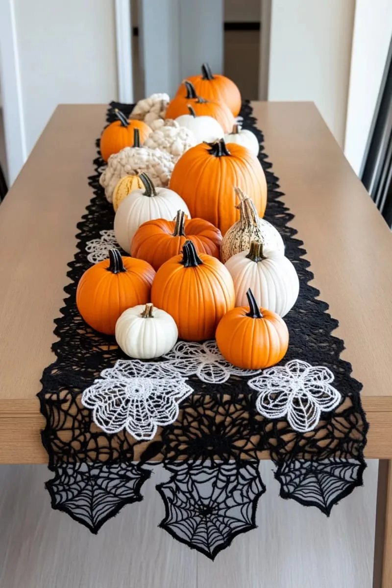 vintage-inspired black lace table runner with mini pumpkin scatter 1