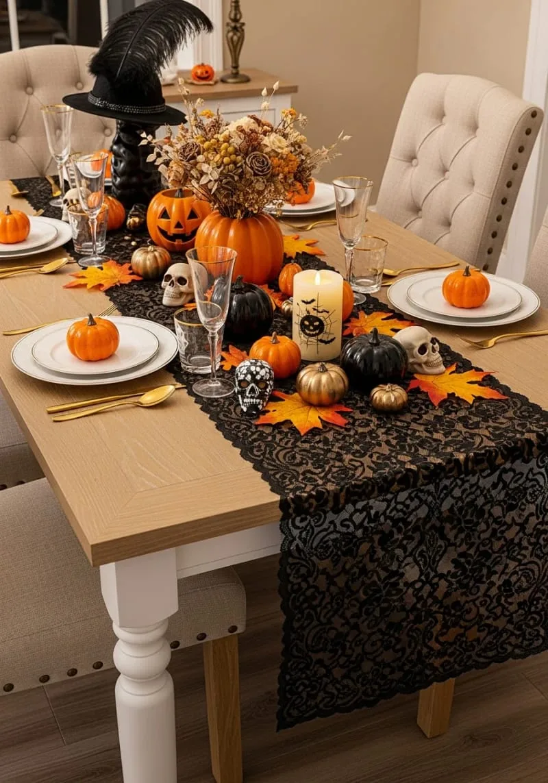 vintage-inspired black lace table runner with mini pumpkin scatter 1