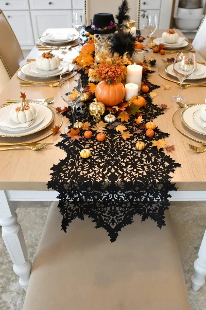 vintage-inspired black lace table runner with mini pumpkin scatter 1