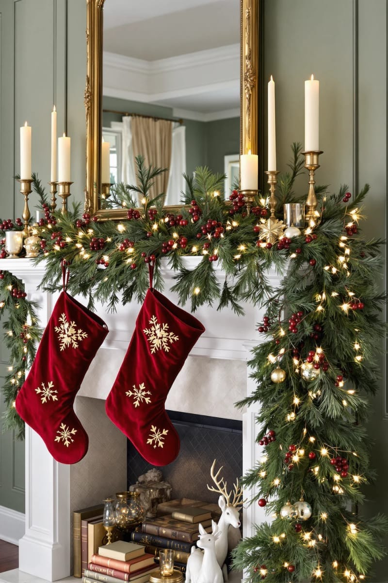 vintage-inspired mantel with red velvet stockings and pine garland accents 1