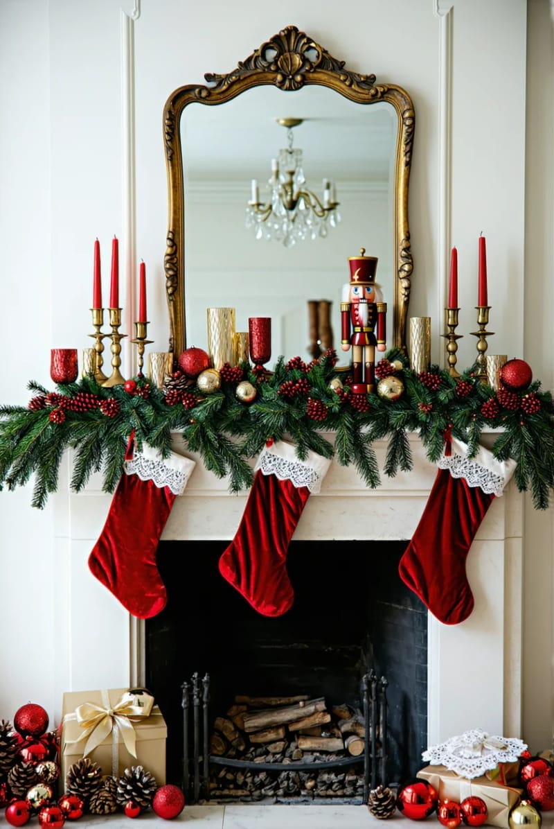 vintage-inspired mantel with red velvet stockings and pine garland accents 1