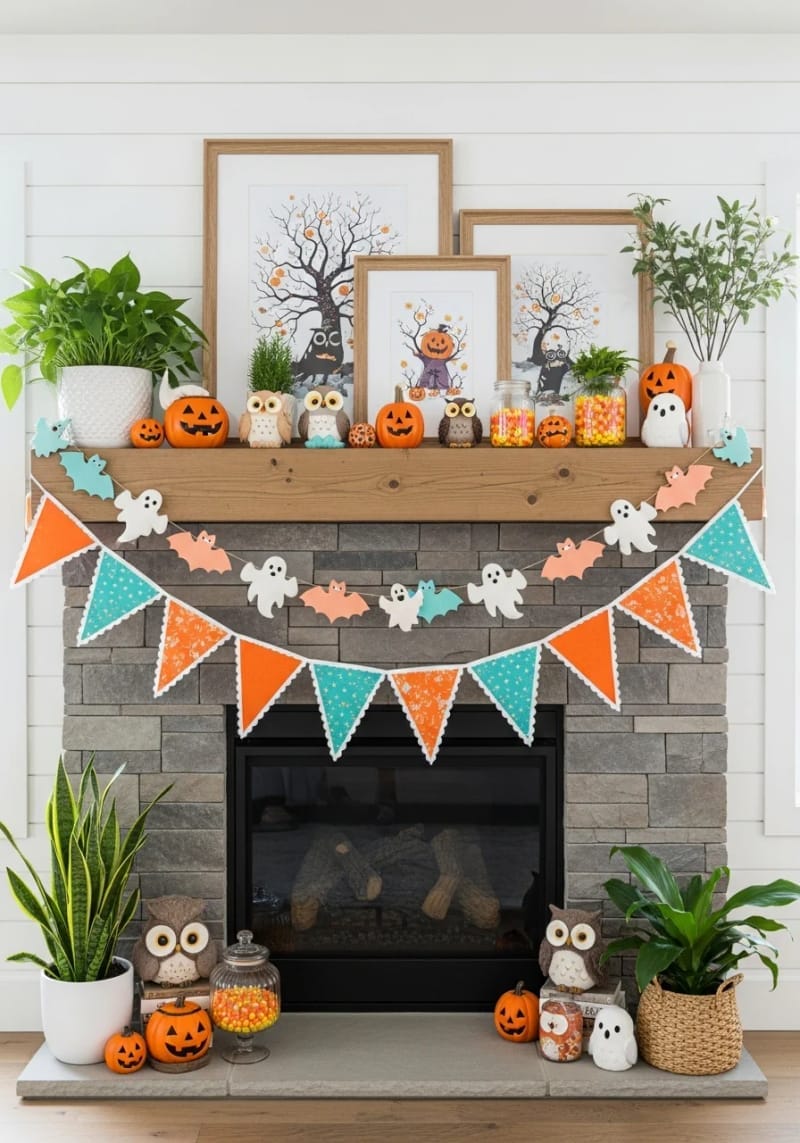 vintage-inspired orange and teal banner for mantels 1