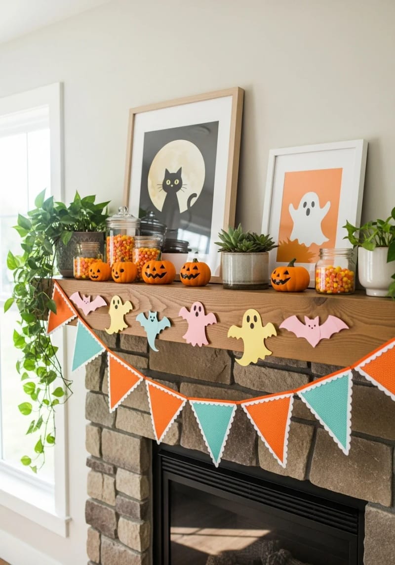 vintage-inspired orange and teal banner for mantels 1