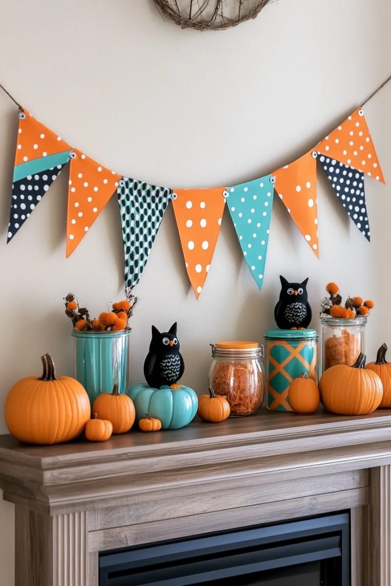 vintage-inspired orange and teal banner for mantels 1